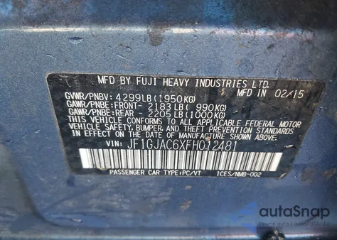 2015 Subaru Impreza 2.0I Premium from USA, damaged, VIN JF1GJAC6XFH012481